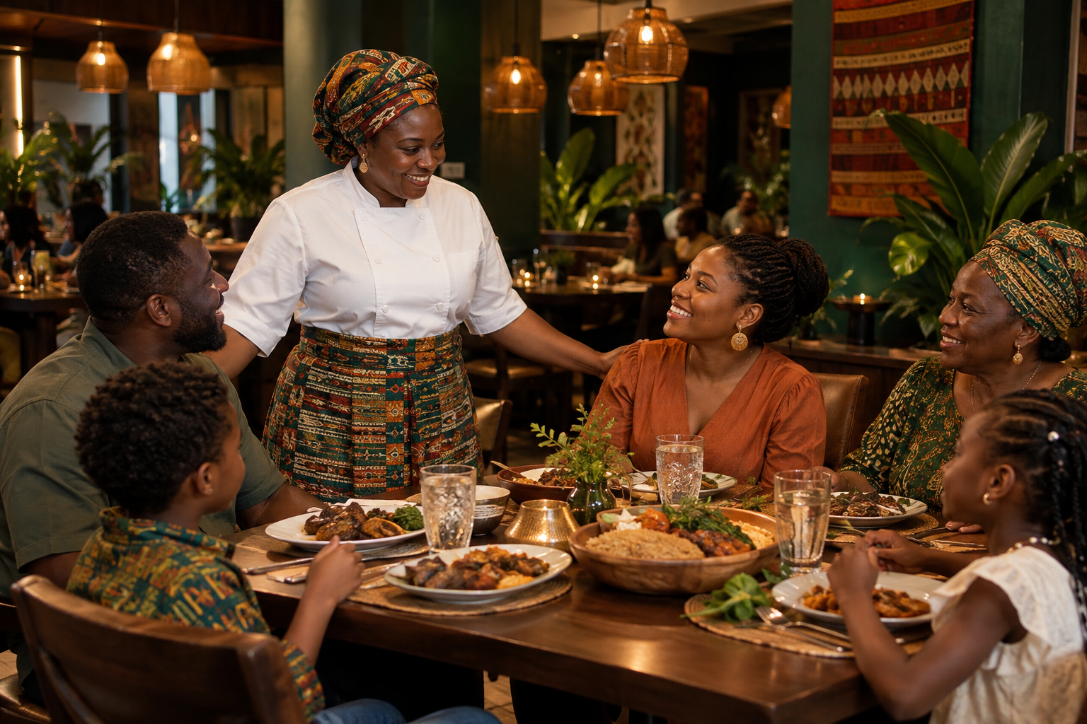 Fictional chef-owner greeting a family at Eve’s Restaurant